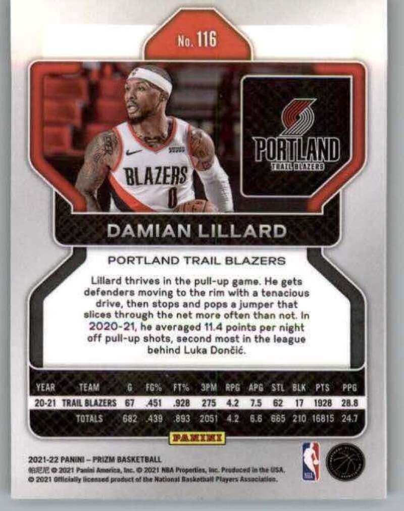 2021-22 Panini Prizm #116 Damian Lillard Portland Trail Blazers NBA Basketball Base Trading Card