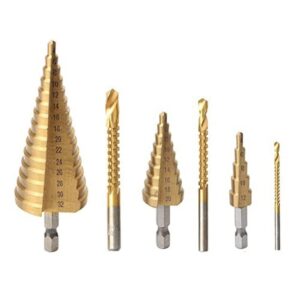 6PCS HSS Titanium Coated Drill Bit Set, Including 3 Sizes Step Drill Bit and 3 Sizes Twist Drill Bits for Metalworking, Woodworking, Hole Drilling, Multiple Hole Stepped Up Bits for DIY Lovers