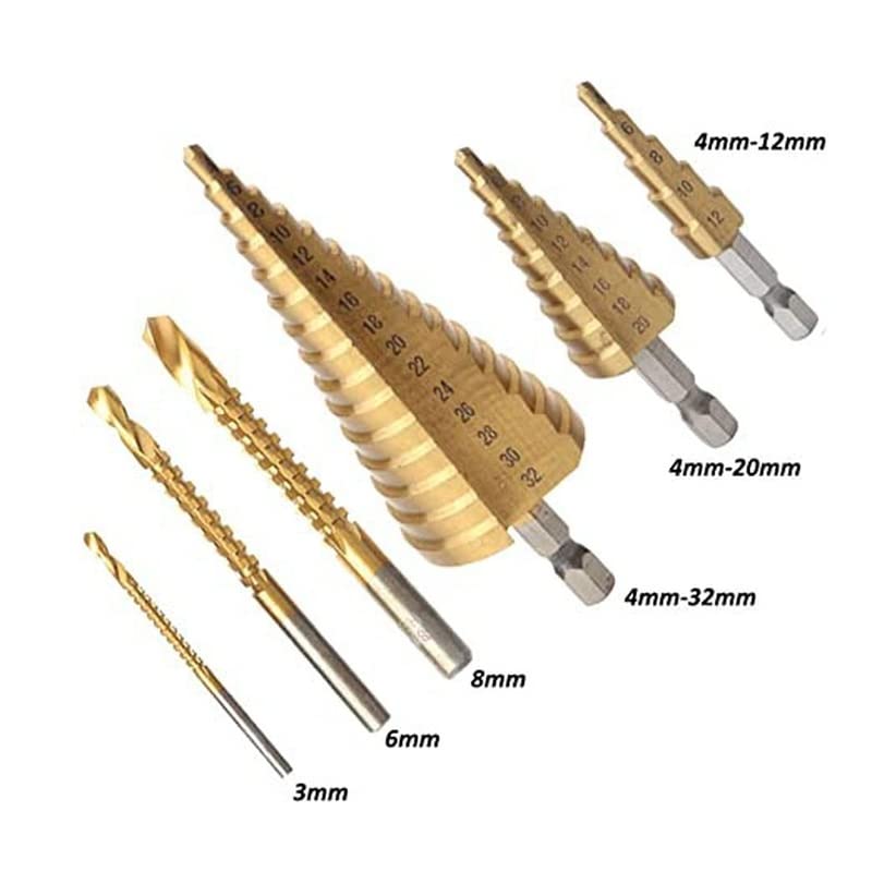 6PCS HSS Titanium Coated Drill Bit Set, Including 3 Sizes Step Drill Bit and 3 Sizes Twist Drill Bits for Metalworking, Woodworking, Hole Drilling, Multiple Hole Stepped Up Bits for DIY Lovers