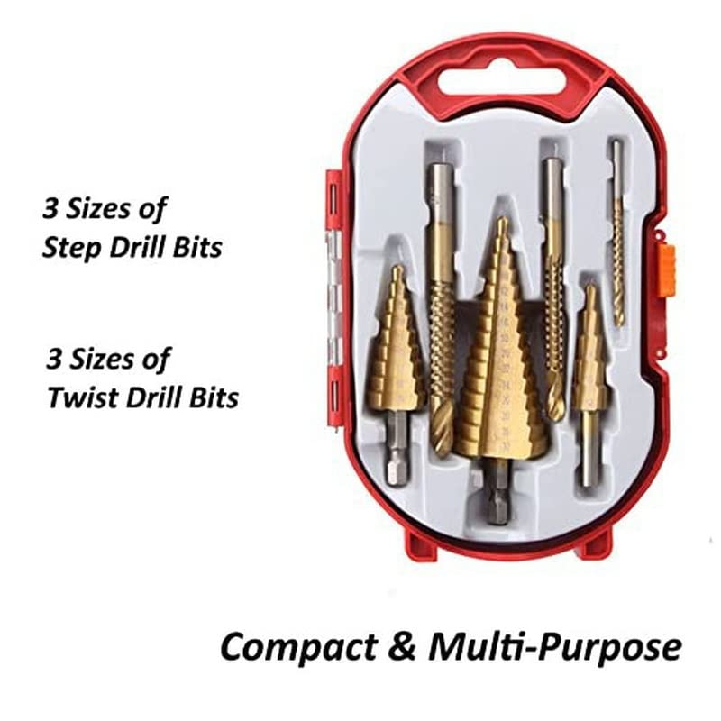 6PCS HSS Titanium Coated Drill Bit Set, Including 3 Sizes Step Drill Bit and 3 Sizes Twist Drill Bits for Metalworking, Woodworking, Hole Drilling, Multiple Hole Stepped Up Bits for DIY Lovers