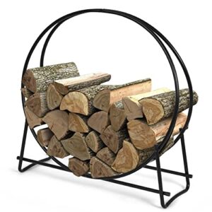 happytools firewood rack, 40 inch heavy duty tubular steel round log hoop for indoor and outdoor, black wood storage holder for fireplace, fire pit, patio, deck, porch