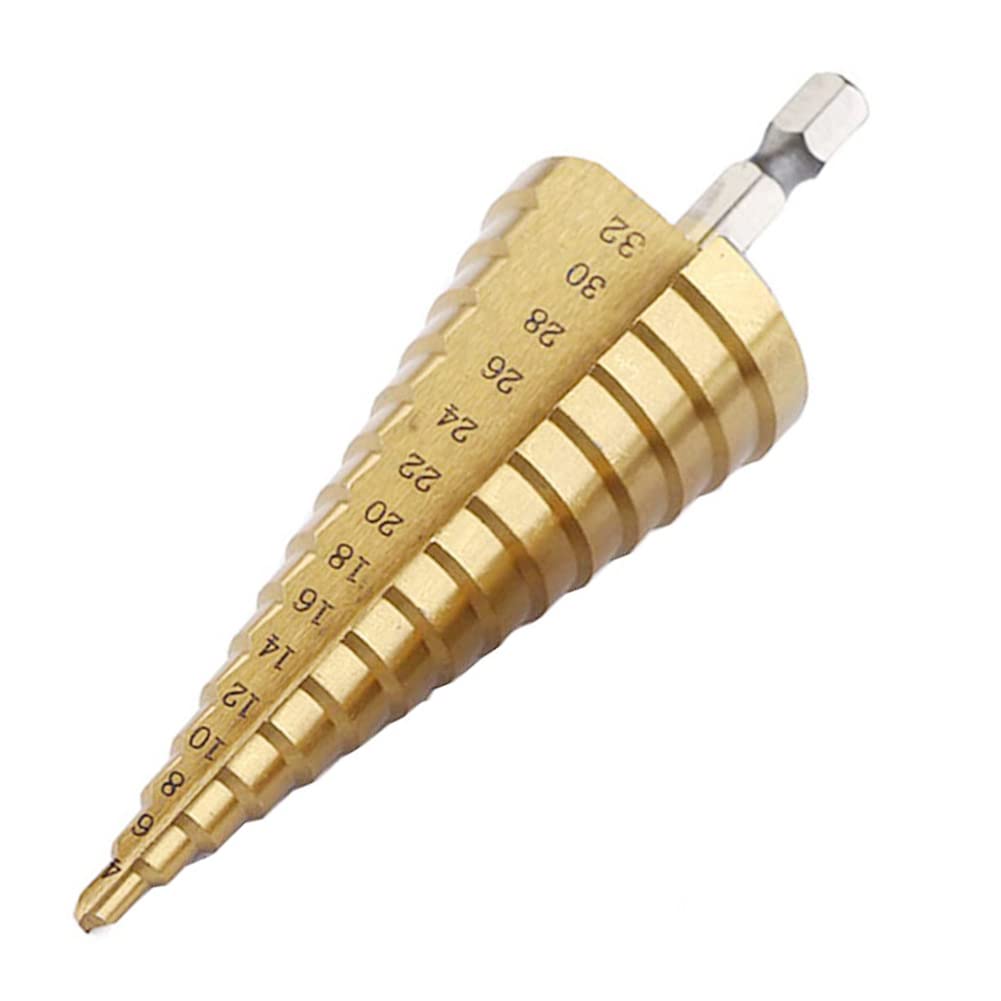 4-32mm HSS Titanium Coated Step Drill Bit, 1/4" Hex Shank Quick Change Metric High Speed Steel Cone Drill Bit for Plastic, Wood, Metal Sheet, Aluminum Hole Drilling