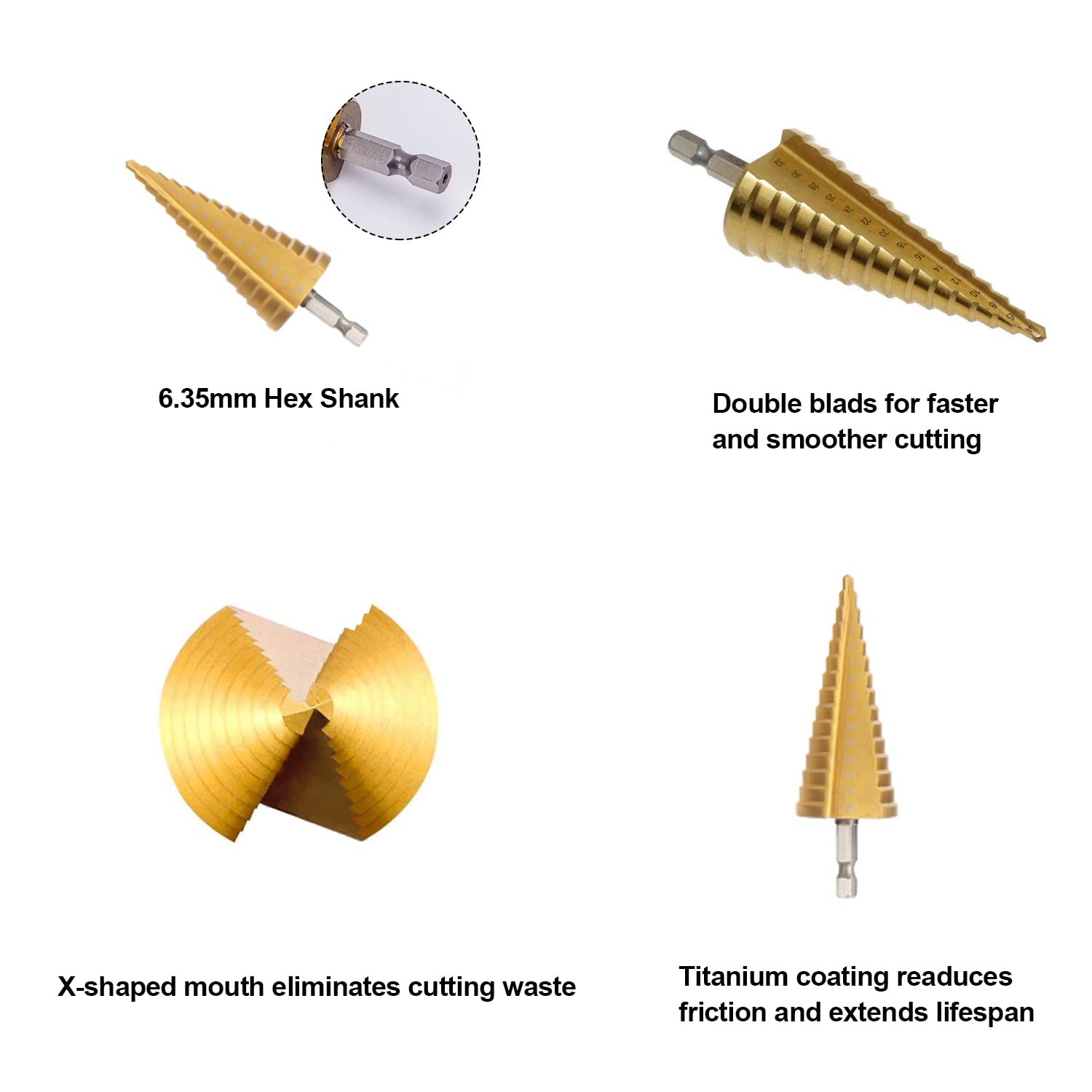 4-32mm HSS Titanium Coated Step Drill Bit, 1/4" Hex Shank Quick Change Metric High Speed Steel Cone Drill Bit for Plastic, Wood, Metal Sheet, Aluminum Hole Drilling