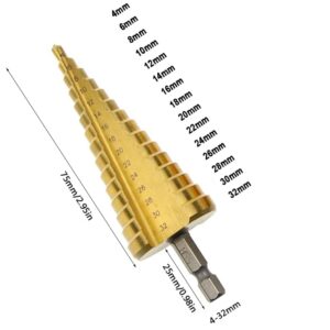 4-32mm HSS Titanium Coated Step Drill Bit, 1/4" Hex Shank Quick Change Metric High Speed Steel Cone Drill Bit for Plastic, Wood, Metal Sheet, Aluminum Hole Drilling