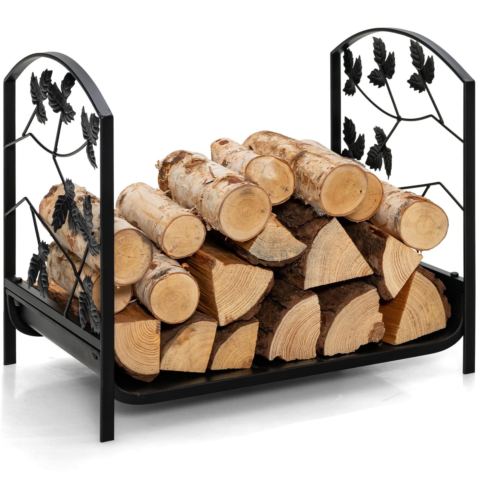 Firewood Rack Outdoor Indoor, Fireplace Wood Storage Holder with Exquisite Leaf Patterns, Heavy Duty Logs Rack Stand, Fire Wood Rack Bracket for Stove Fire Pit, 110 lbs Load Capacity, Easy Assembly