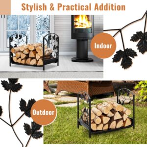 Firewood Rack Outdoor Indoor, Fireplace Wood Storage Holder with Exquisite Leaf Patterns, Heavy Duty Logs Rack Stand, Fire Wood Rack Bracket for Stove Fire Pit, 110 lbs Load Capacity, Easy Assembly