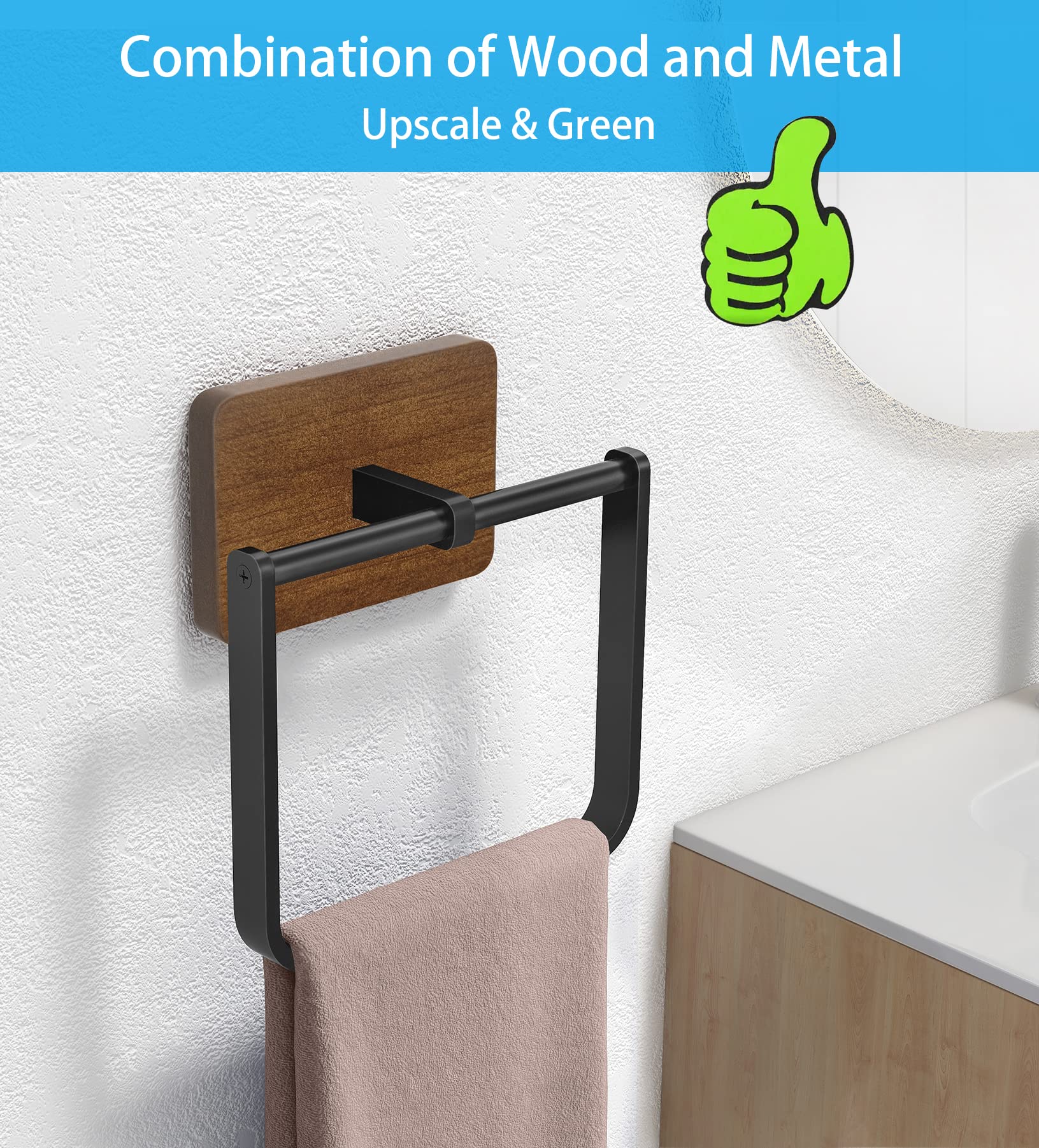 DOKU 2Pack Square Towel Ring, Hand Towel Holder for Bathroom, Towel Rack Hanger for Kitchen Wall Mount Heavy Duty Storage, Black and Brown