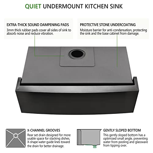 33 Black Undermount Workstation Kitchen Farmhouse Sink-Swifthorse 33x22 Gunmetal Black Stainless Steel Kitchen Sink, 16-Gauge Undermount Deep Single Bowl Kitchen Sink With Apron Front