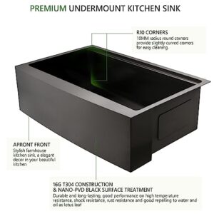 33 Black Undermount Workstation Kitchen Farmhouse Sink-Swifthorse 33x22 Gunmetal Black Stainless Steel Kitchen Sink, 16-Gauge Undermount Deep Single Bowl Kitchen Sink With Apron Front