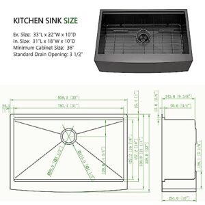 33 Black Undermount Workstation Kitchen Farmhouse Sink-Swifthorse 33x22 Gunmetal Black Stainless Steel Kitchen Sink, 16-Gauge Undermount Deep Single Bowl Kitchen Sink With Apron Front