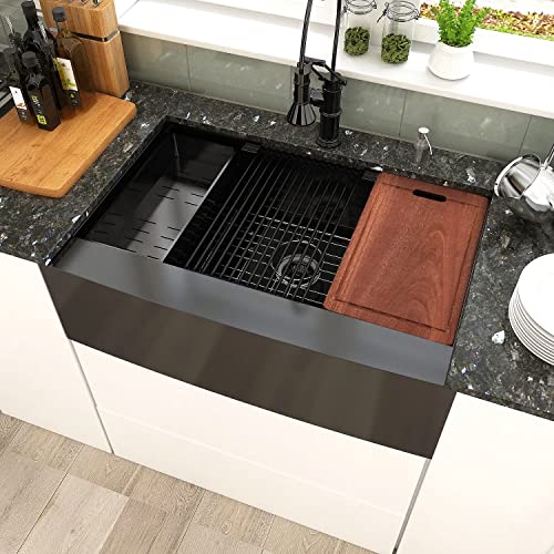 33 Black Undermount Workstation Kitchen Farmhouse Sink-Swifthorse 33x22 Gunmetal Black Stainless Steel Kitchen Sink, 16-Gauge Undermount Deep Single Bowl Kitchen Sink With Apron Front