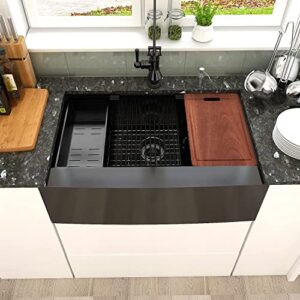 33 Black Undermount Workstation Kitchen Farmhouse Sink-Swifthorse 33x22 Gunmetal Black Stainless Steel Kitchen Sink, 16-Gauge Undermount Deep Single Bowl Kitchen Sink With Apron Front