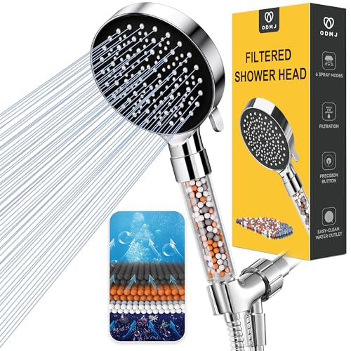 ODMJ Filtered Shower Head, High Pressure Shower Head with 6 Settings, Handheld Shower Head with 59" Hose and Bracket, Shower Head Filter for Hard Water, Water Saving Spray Soft Spa Shower Head