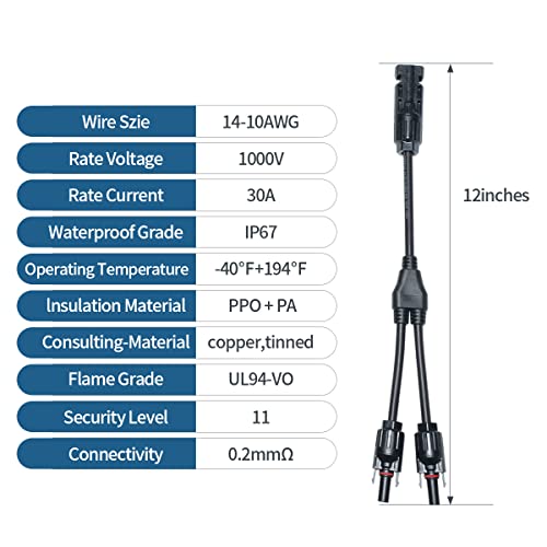 ELFCULB 2Pair Solar Panel Connector, 1 FT Solar Connectors Y Branch Parallel Adapter Cable Solar Cable, 1 Male to 2 Female(M/FF) and 1 Female to 2 Male(F/MM) Solar Panel Cables and Connectors 1500V