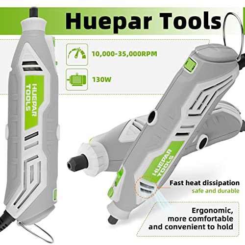 Huepar Tools Rotary Tool Kit, 130W 235pcs Accessories with Flex Shaft include MultiPro Keyless Chuck, 6 Variable Speed 10000-35000RPM Electric Drill Set for Crafting Projects and DIY Creations - RT130