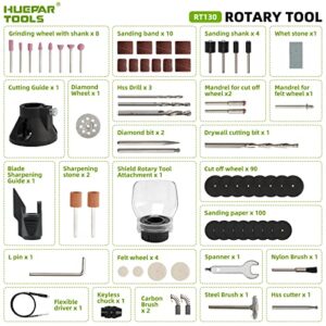 Huepar Tools Rotary Tool Kit, 130W 235pcs Accessories with Flex Shaft include MultiPro Keyless Chuck, 6 Variable Speed 10000-35000RPM Electric Drill Set for Crafting Projects and DIY Creations - RT130