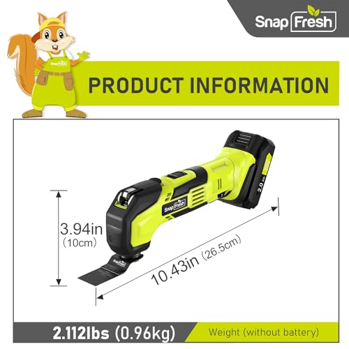 SnapFresh Cordless Oscillating Tool, 20V Oscillating Multi-Tool with 6 Speed, 3.2°Oscillating Angle, 22pcs Accessories, 2.0Ah Battery and Fast Charger, Tool Kit for Scraping, Sanding, Cutting Wood