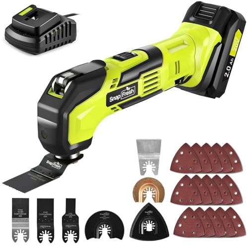 SnapFresh Cordless Oscillating Tool, 20V Oscillating Multi-Tool with 6 Speed, 3.2°Oscillating Angle, 22pcs Accessories, 2.0Ah Battery and Fast Charger, Tool Kit for Scraping, Sanding, Cutting Wood