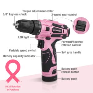 WORKPRO 12V Pink Cordless Drill Driver and Home Tool Kit and Pink Garden Tools Set