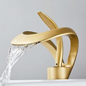 Elegant Waterfall Single Handle 1-Hole Bathroom Vessel Sink Faucet Bathroom Faucet Solid Brass Bathroom Vessel Sink Faucet Vanity Sink Faucet Mixer Basin Tap cUPC Certified（Frosted Gold）