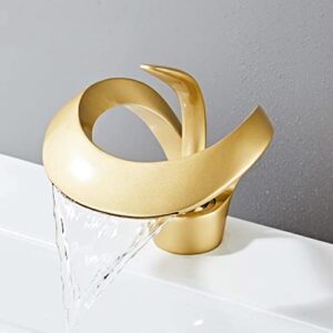 Elegant Waterfall Single Handle 1-Hole Bathroom Vessel Sink Faucet Bathroom Faucet Solid Brass Bathroom Vessel Sink Faucet Vanity Sink Faucet Mixer Basin Tap cUPC Certified（Frosted Gold）