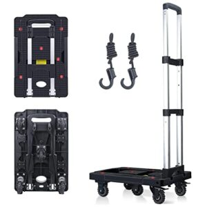 folding hand truck, 330 lbs foldable hand truck dolly cart heavy duty collapsible trolley portable platform luggage cart with 5 wheels & 2 elastic ropes for moving, shopping, travel, home, office use