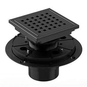 Black Shower Drain 4 Inch with Flange CUPC Certified- Made of 304 Stainless Steel, Square Shower Drain Includes Removable Cover Grid Grate,Thread Adapter, Shower Drain