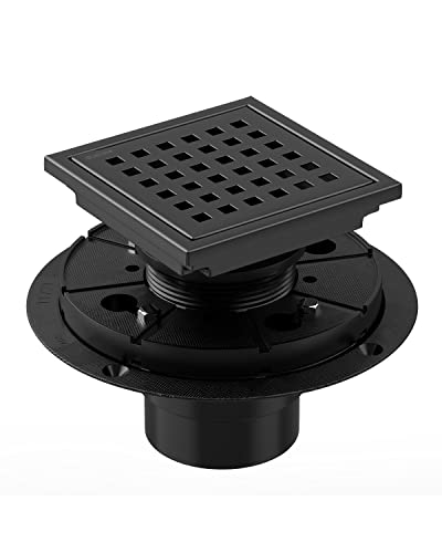 Black Shower Drain 4 Inch with Flange CUPC Certified- Made of 304 Stainless Steel, Square Shower Drain Includes Removable Cover Grid Grate,Thread Adapter, Shower Drain