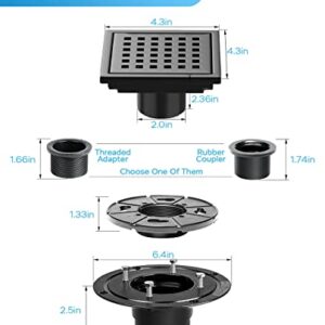 Black Shower Drain 4 Inch with Flange CUPC Certified- Made of 304 Stainless Steel, Square Shower Drain Includes Removable Cover Grid Grate,Thread Adapter, Shower Drain