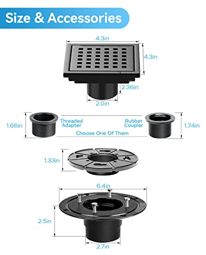 Black Shower Drain 4 Inch with Flange CUPC Certified- Made of 304 Stainless Steel, Square Shower Drain Includes Removable Cover Grid Grate,Thread Adapter, Shower Drain