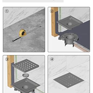 Black Shower Drain 4 Inch with Flange CUPC Certified- Made of 304 Stainless Steel, Square Shower Drain Includes Removable Cover Grid Grate,Thread Adapter, Shower Drain