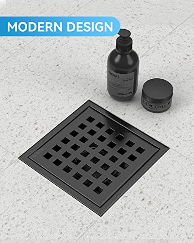 Black Shower Drain 4 Inch with Flange CUPC Certified- Made of 304 Stainless Steel, Square Shower Drain Includes Removable Cover Grid Grate,Thread Adapter, Shower Drain