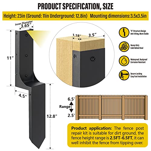 Epcee Heavy Duty Steel 4"x4" (Actual 3.6"x3.6") Fence Post Repair Kit, Fence Post Anchor Ground Spike, for Wooden Fence Post Repair and Wooden Fence Base Construction (2 Pack/Black）