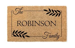 botanical pesonalized family name door mat | wedding gift | last name custom doormat | premium quality, thick 100% coir coconut husk front & made in the usa - doormat
