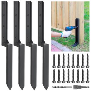 epcee heavy duty steel fence post repair stakes, fence post anchor ground spike, for repair tilted/broken wood fence post (4 pack/black）