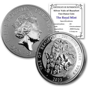 2023 gb 2 oz british silver royal tudor beasts - yale of beaufort coin brilliant uncirculated with a certificate of authenticity £5 bu