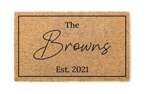 modern script housewarming gift | wedding gift | custom doormat | premium quality, thick 100% coir coconut husk front & made in the usa - doormat