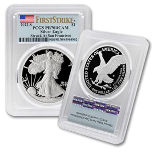 2022 s 1 oz proof american silver eagle coin pr-70 deep cameo (first strike - struck at san francisco - flag label) $1 pcgs pr70dcam