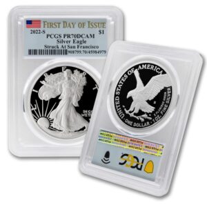 2022 s 1 oz proof american silver eagle coin pr-70 deep cameo (first day of issue - struck at san francisco - flag label) $1 pcgs pr70dcam