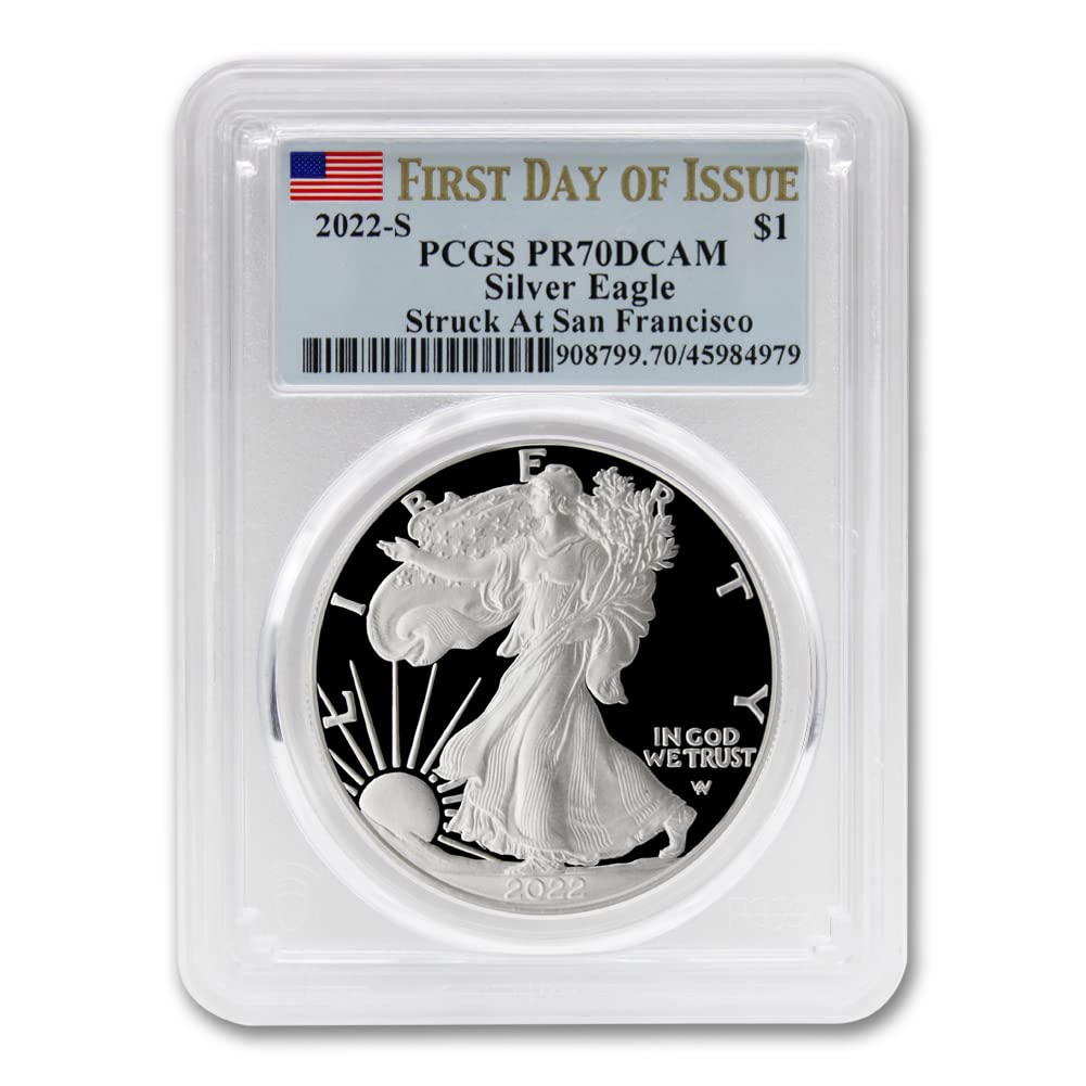 2022 S 1 oz Proof American Silver Eagle Coin PR-70 Deep Cameo (First Day of Issue - Struck at San Francisco - Flag Label) $1 PCGS PR70DCAM