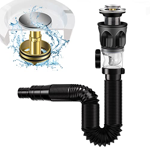 Upgraded Bathroom Sink Drain Kit, with Flexible & Expandable P-Trap Sink Drain Pipe Tube, Built-in Anti-Clogging Stopper Pop Up Drain, Suitable for 1-1/2'' OD Drain Inlets