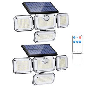 hellymoon solar flood lights outdoor, 3000lm 6500k 333 led security lights with remote control, 4 heads 3 modes 270° angle motion sensor lights, ip65 waterproof, for porch yard garage (333 beads)