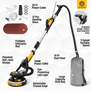 Electric Drywall Sander with Vacuum, 6.5-amp, Auto Dust Absorption, 7 Variable Speed 900-1800RPM, Dustless Floor Sander with 26’ Power Cord for Popcorn Ceiling, Wood Floor etc