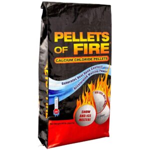 pellets of fire calcium chloride ice and snow melt + deicer, 50 lb. bag, works to -25 degrees fahrenheit