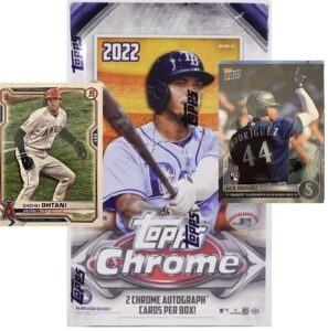 brand new 2022 topps chrome series 1 authentic trading card hobby box - two chrome autographs per box! - chance for julio rodriguez, wander franco, witt jr. rookie and autograph cards - plus bowman ohtani and topps now julio rodriguez rookie card in pictu