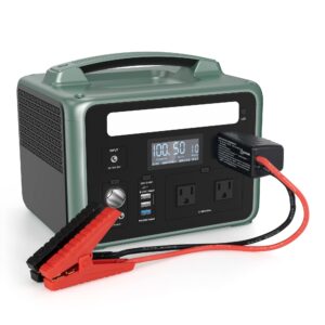 ampace p600 portable power station w/car jump starter mystic green, 584wh 1800w lifepo4 battery fast charging solar generator (solar panel optional) led light for home use outdoors camping
