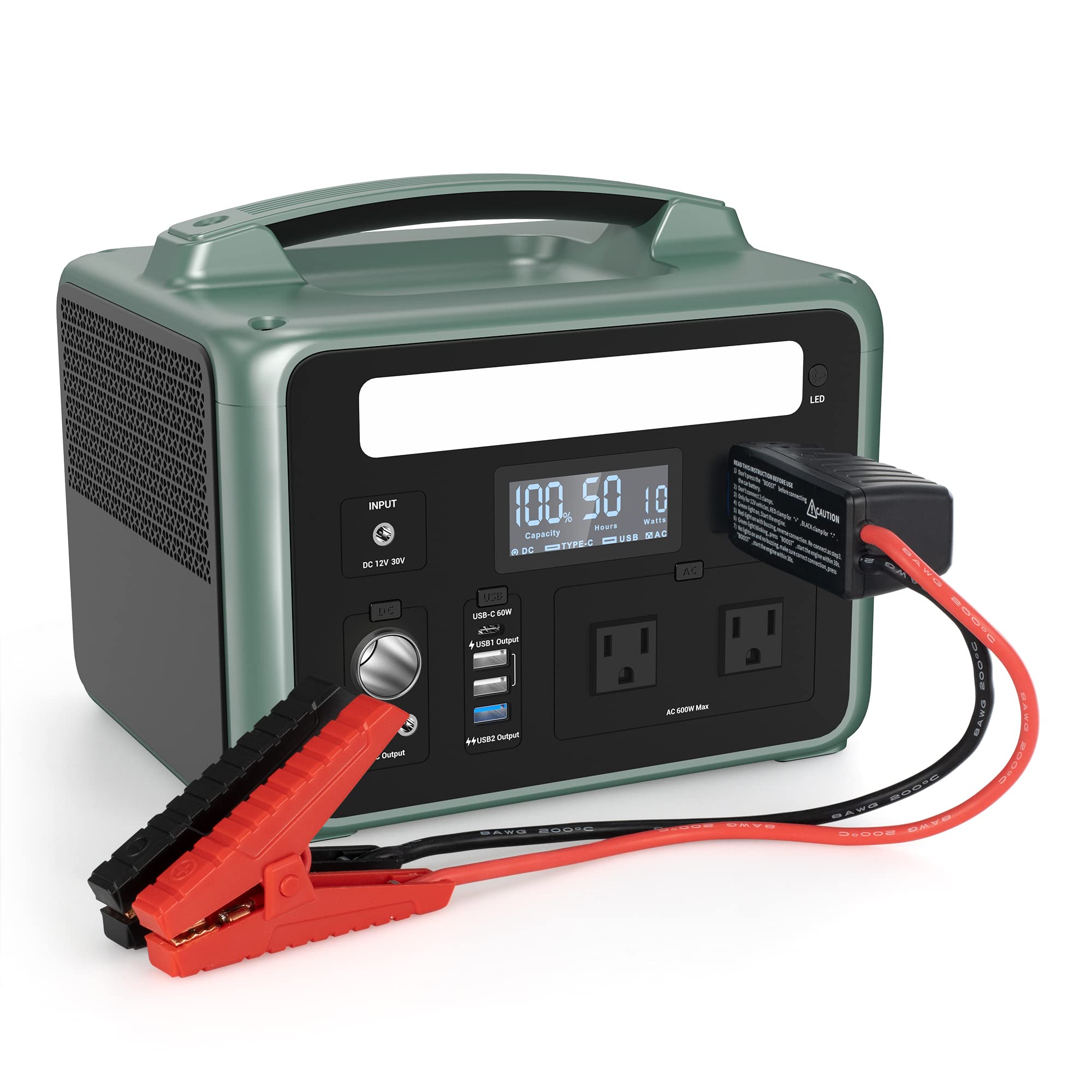 AMPACE P600 Portable Power Station w/Car Jump Starter Mystic Green, 584Wh 1800W LiFePo4 Battery Fast Charging Solar Generator (Solar Panel Optional) LED Light for Home Use Outdoors Camping