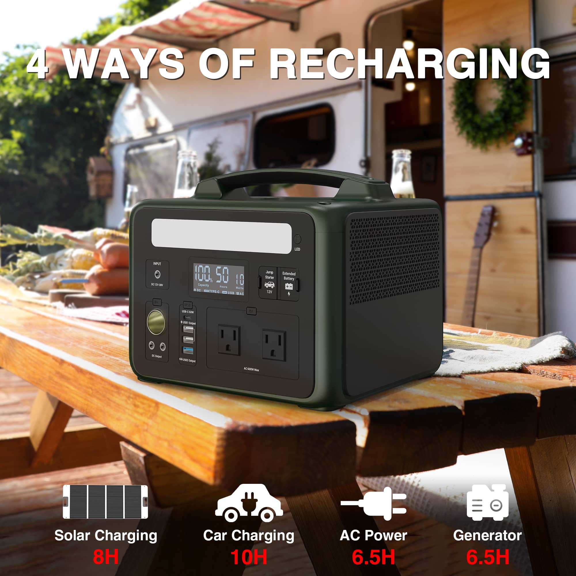 AMPACE P600 Portable Power Station w/Car Jump Starter Mystic Green, 584Wh 1800W LiFePo4 Battery Fast Charging Solar Generator (Solar Panel Optional) LED Light for Home Use Outdoors Camping