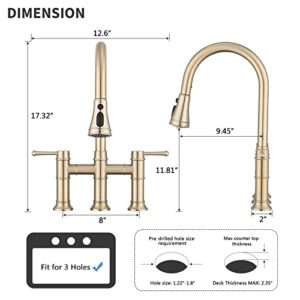 Dornberg Bridge Kitchen Faucet with Pull Down Sprayer, 3 Hole Kitchen Sink Faucet Spot Free Stainless Steel, 2 Handle for Easy Controlled Cold and Hot Water - Brushed Golden