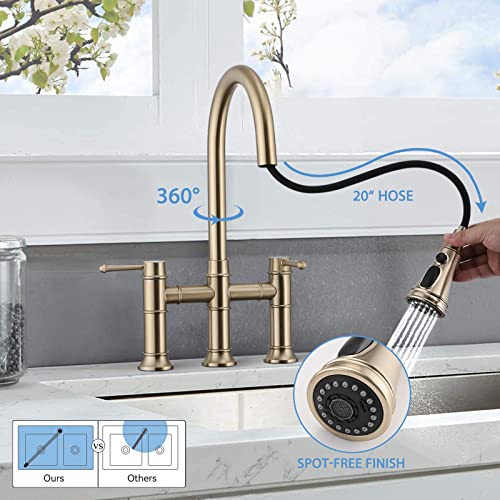 Dornberg Bridge Kitchen Faucet with Pull Down Sprayer, 3 Hole Kitchen Sink Faucet Spot Free Stainless Steel, 2 Handle for Easy Controlled Cold and Hot Water - Brushed Golden